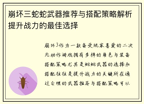 崩坏三蛇蛇武器推荐与搭配策略解析提升战力的最佳选择