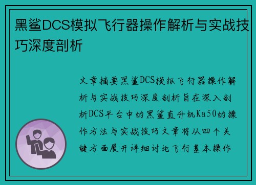 黑鲨DCS模拟飞行器操作解析与实战技巧深度剖析